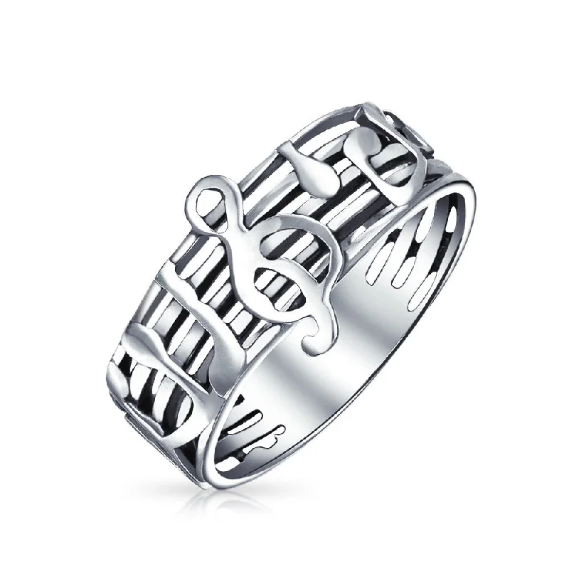 Vintage Platinum Wedding Rings-Silver Ring for Musicians: Treble Clef Note Band in Oxidized Sterling Silver