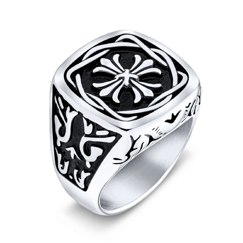 Blue Diamond Rings-Mens Stainless Steel Medieval Viking Maltese Cross Signet Ring Oxidized Silver Tone