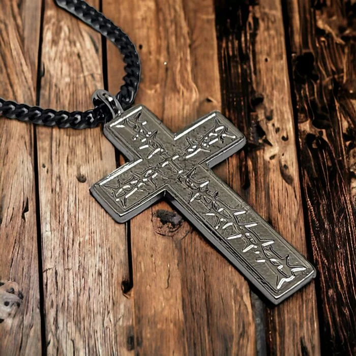 Colorful Stone Necklaces-Thorns Cross Dark Metal Finish Pendant Dark Curb Chain Necklace