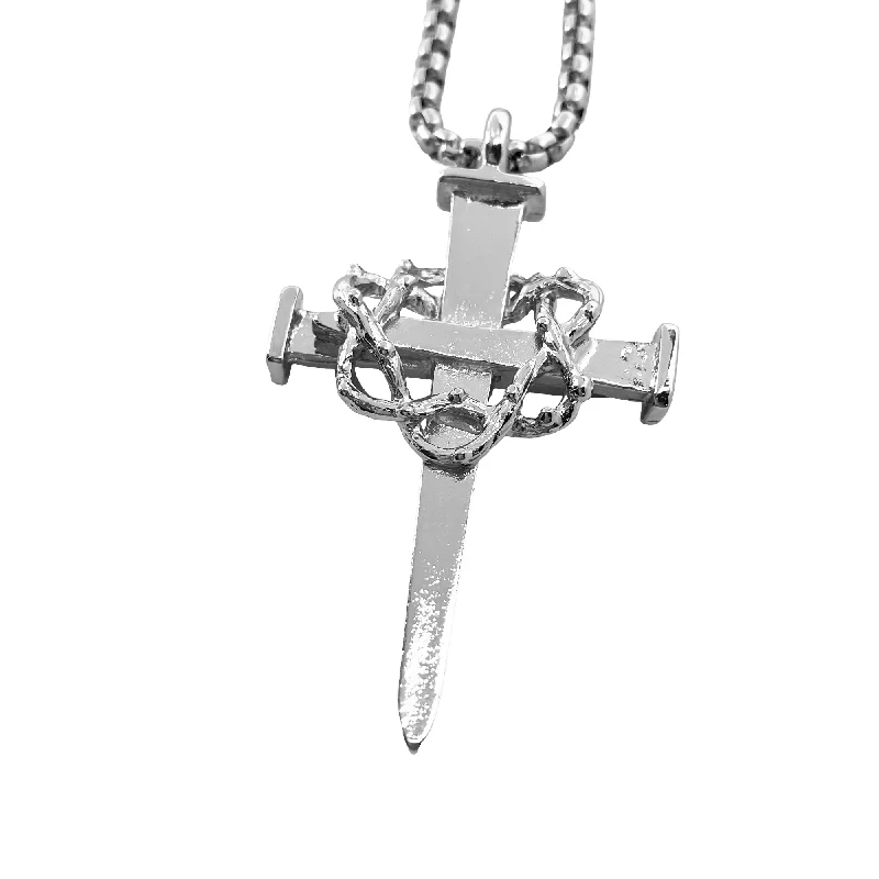 Simple Silver Necklaces-Crown Of Thorns Nail Cross Large Pendant Rhodium Metal Finish Heavy Chain Necklace