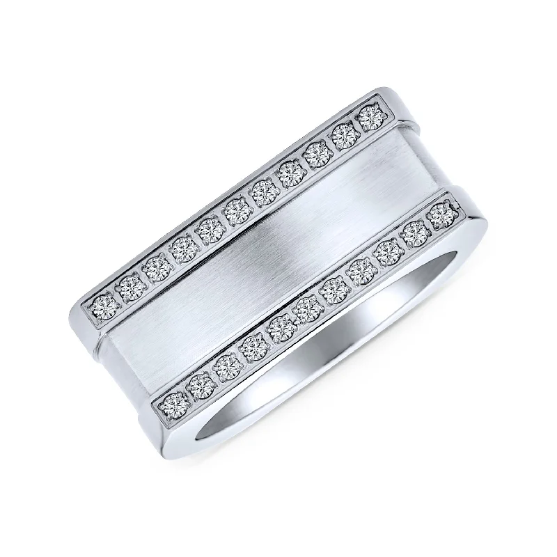 Colorful Gemstone Wedding Rings-Greek Key CZ Cross Mens Rectangle Signet Band Ring .925 Silver or Stainless Steel