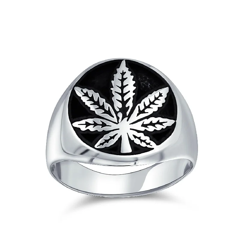 Trendy Gemstone Rings-Mens Silver Ring with Cannabis Leaf Medallion Oxidized Sterling Silver Handmade