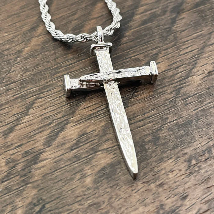 Minimalist Pendant Necklaces-Nail Cross Large Rugged Rhodium Metal Finish Pendant Twisted Rope Chain Necklace