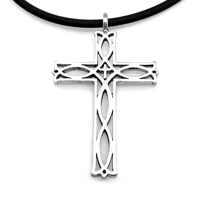 Stylish Charm Pendant Necklaces-Cross Ichthus Fish Antique Silver Necklace