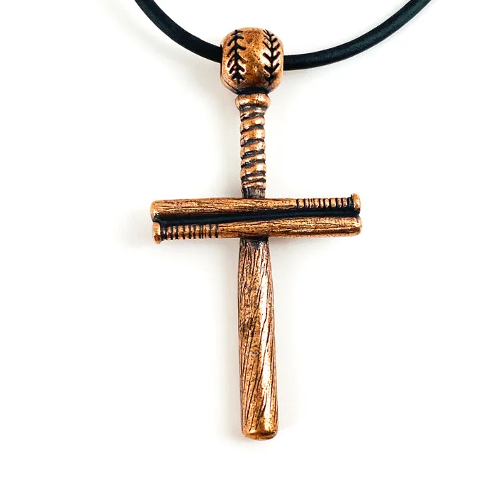 Sparkling Swarovski Necklaces-Baseball Bat And Ball Cross On Black Cord Necklace Antique Copper Finish