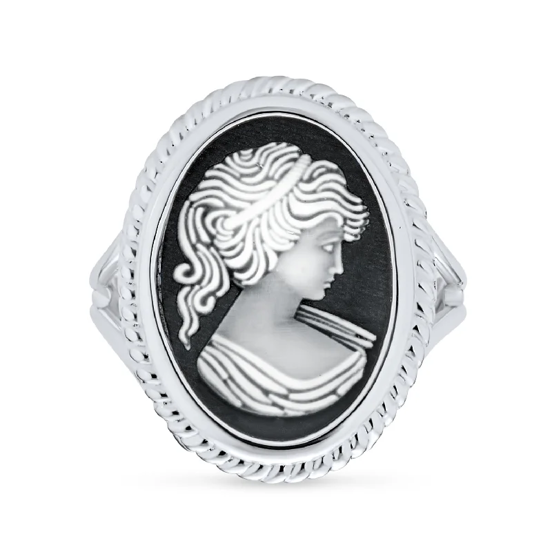 Personalized Vintage Rings-Vintage Women Lady Portrait Oval Black Cameo Ring .925Sterling Silver