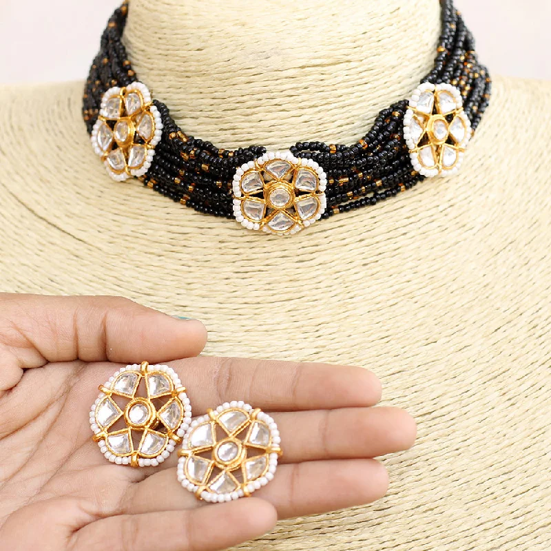 Unique Gemstone Necklaces-Beadsnfashion Glass Crystal Beaded Kundan Choker Set Black