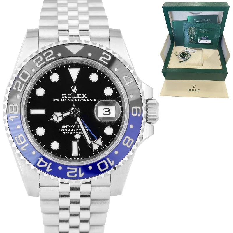 Elegant Stainless Steel Watches-DEC 2021 Rolex GMT-Master II Batman Black Blue SS Ceramic 40mm 126710 BLNR B+P