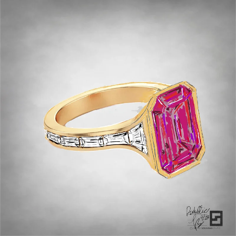 Handcrafted Engagement Rings-RUBELLITE EMERALD CUT RING WITH BAGUETTES AND TRAPEZOIDS