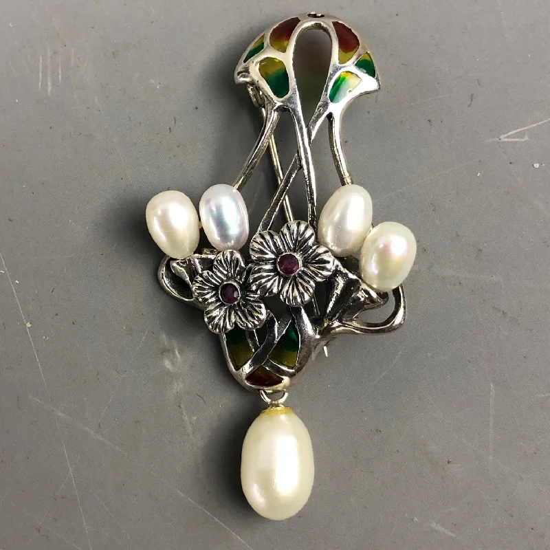 Handmade Antique Brooch-Handmade Antique Brooch-Freshwater Pearl Flower Sterling Silver Ruby Brooch Pin Vintage English