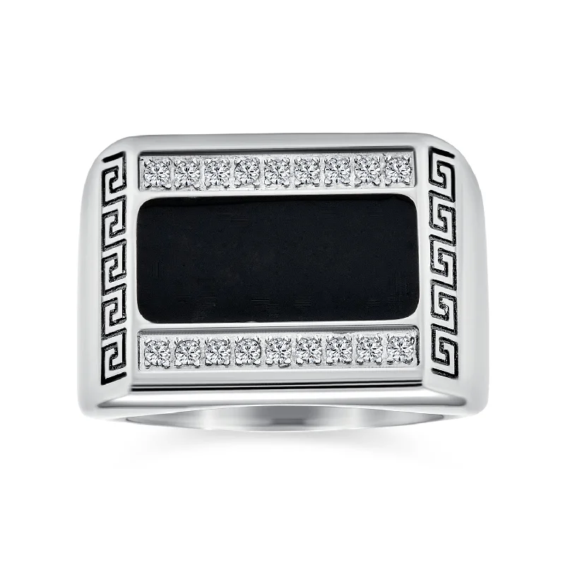 Modern Wedding Bands for Men-Mens Stainless Steel Geometric Greek CZ Accent Black Rectangle Signet Ring Silver Tone