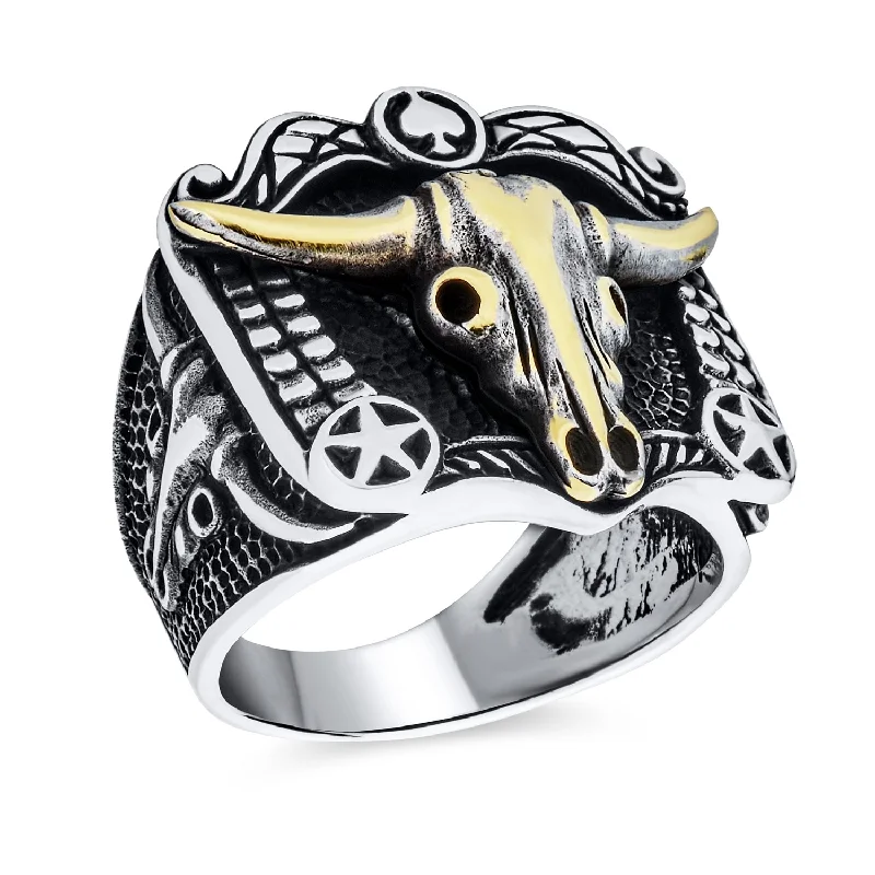 Vintage Wedding Rings with Diamonds-Mens Silver Ring with Brown Tiger Eye & Black Onyx Gemstone Western Longhorn Design