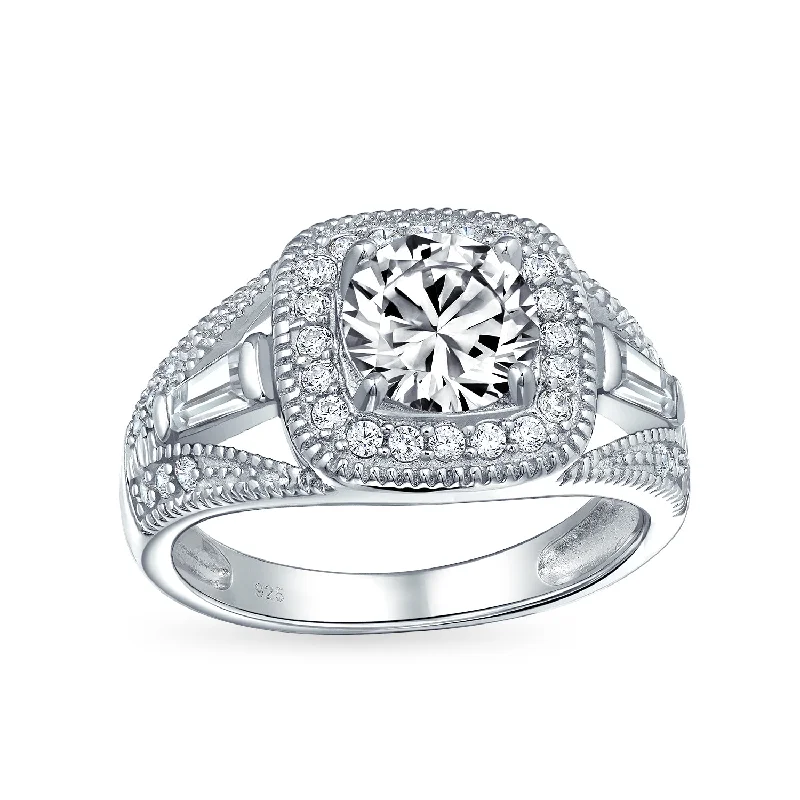 Luxury Platinum Engagement Rings-Vintage Art Deco 2CT CZ Halo Cushion Cut Engagement Ring Sterling Silver Band