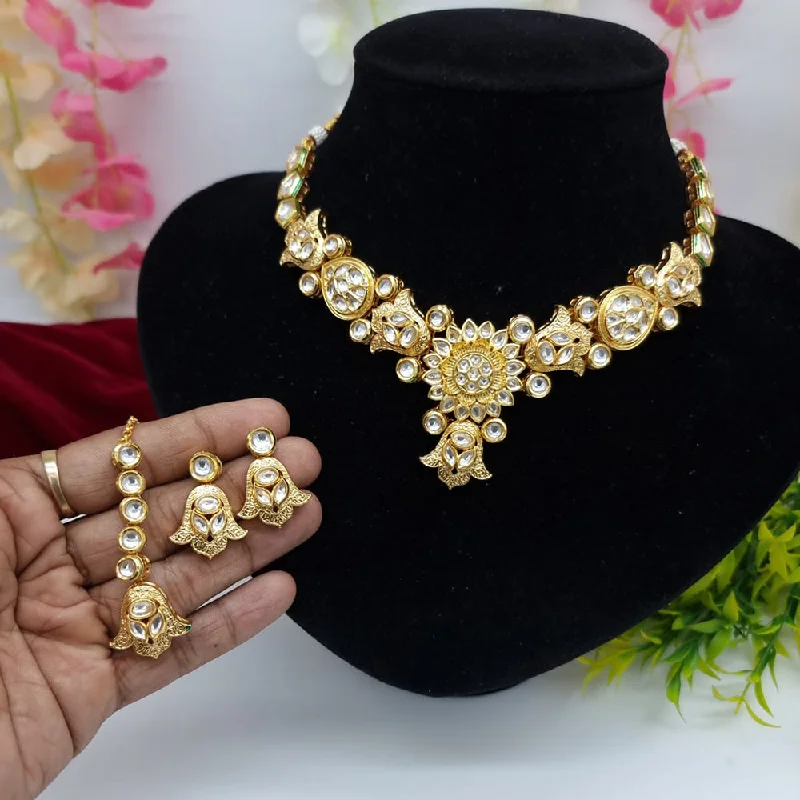 Classic Gold Pendant Necklaces-JCM Gold Plated Kundan Necklace Set