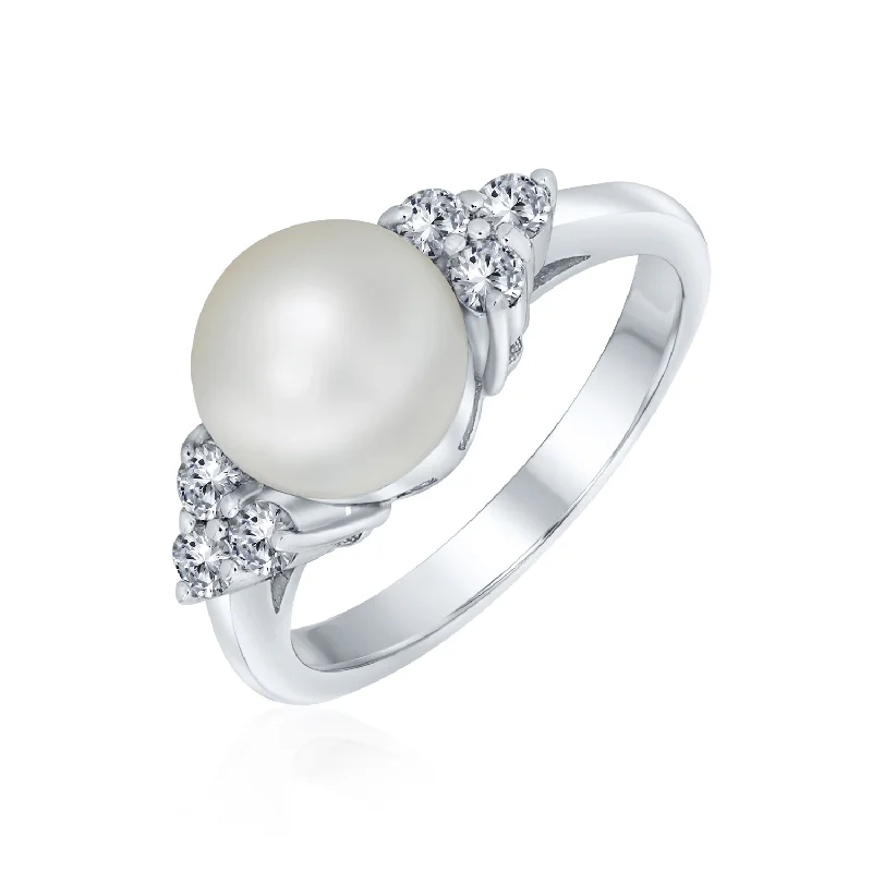 Adjustable Gemstone Rings-Bridal CZ Halo Pearl Cocktail Statement Ring in Sterling Silver Solitaire Style