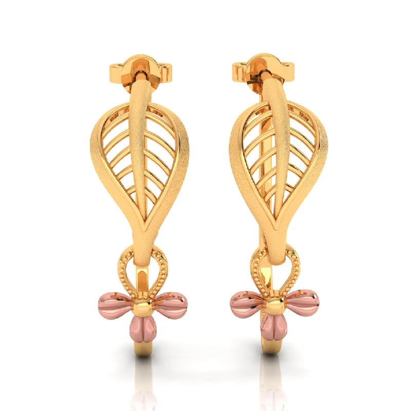 Cute Flower Earrings-14k Dainty Earrings With Leafy Design And A Yellow Gold Flower