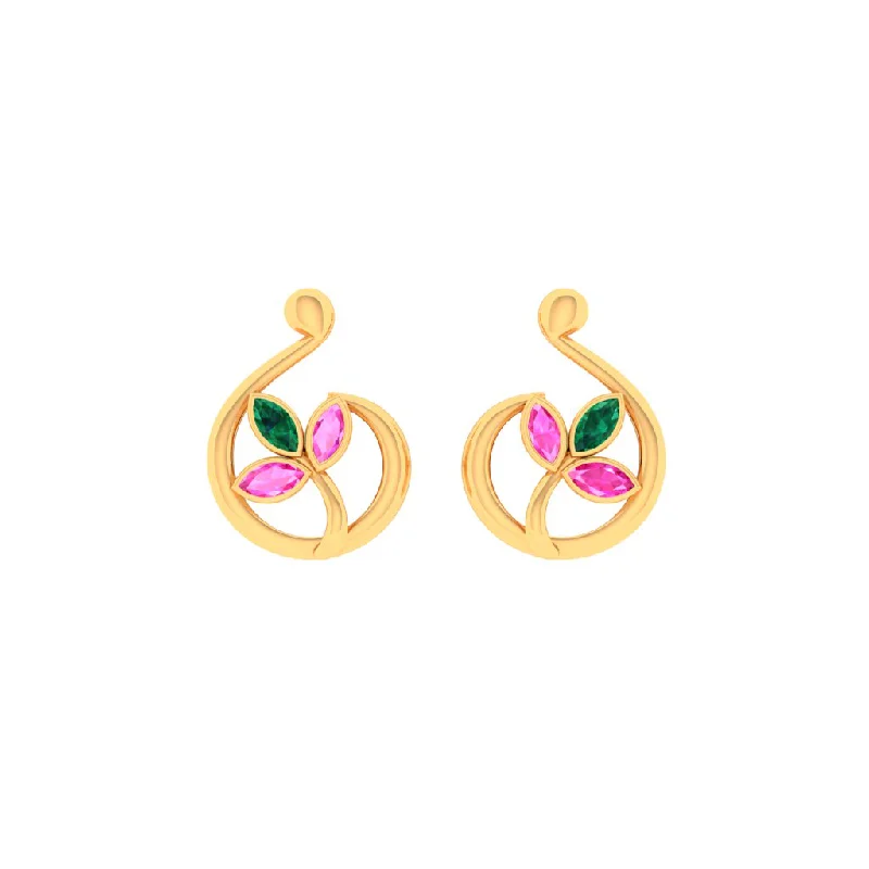 Large Drop Earrings-14k Exquisite Leafy Gold Stud Earrings With Multi-coloured Stones