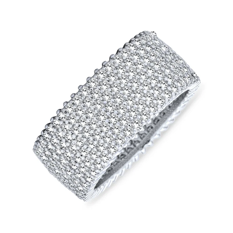 Art Deco Rings-Pave Cubic Zirconia Cocktail Statement Ring in Sterling Silver 5 Row Wide Band