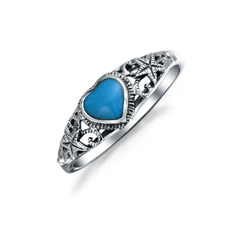 Unique Gemstone Rings-Silver Ring with Nautical Starfish and Turquoise Heart - December Birthstone