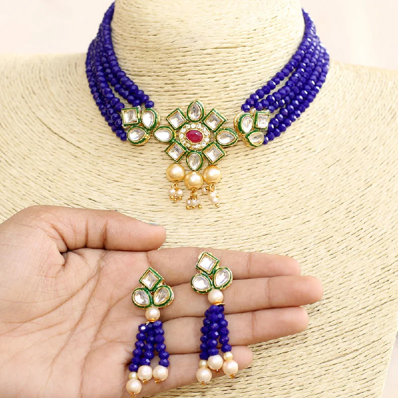 Elegant Gold Necklaces-Beadsnfashion Glass Crystal Beaded Kundan Choker Set Blue