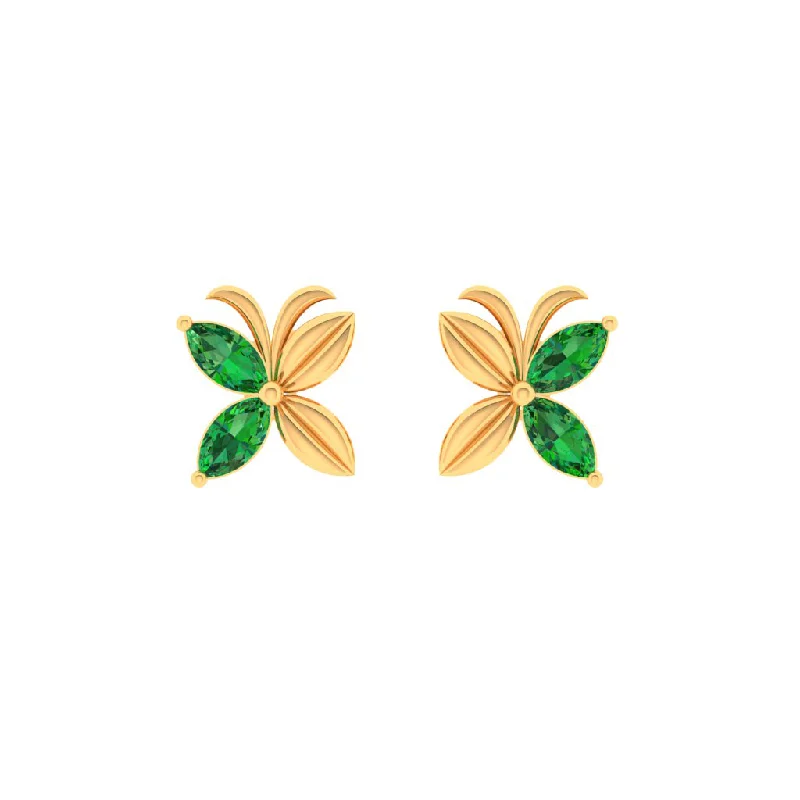 Vintage Beaded Earrings-14k Gold Stud Earrings In The Shape Of Floral Butterfly With Green Stones