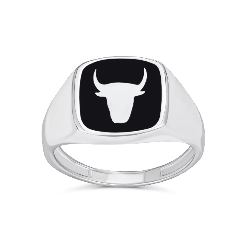 Adjustable Rings for Women-Mens Silver Ring with Black Onyx Gemstone and Longhorn Skull in Sterling Silver