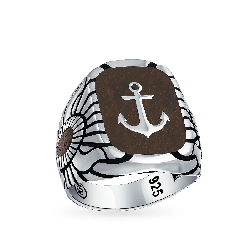 Colored Diamond Engagement Rings-Mens Silver Ring with Nautical Etched Wood Inset and Anchor Design Sterling Silver