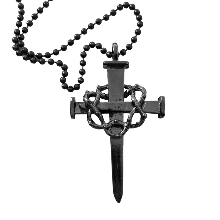 Colorful Crystal Necklaces-Crown Of Thorns Nail Cross Large Pendant Dark Metal Finish Black Ball Chain Necklace