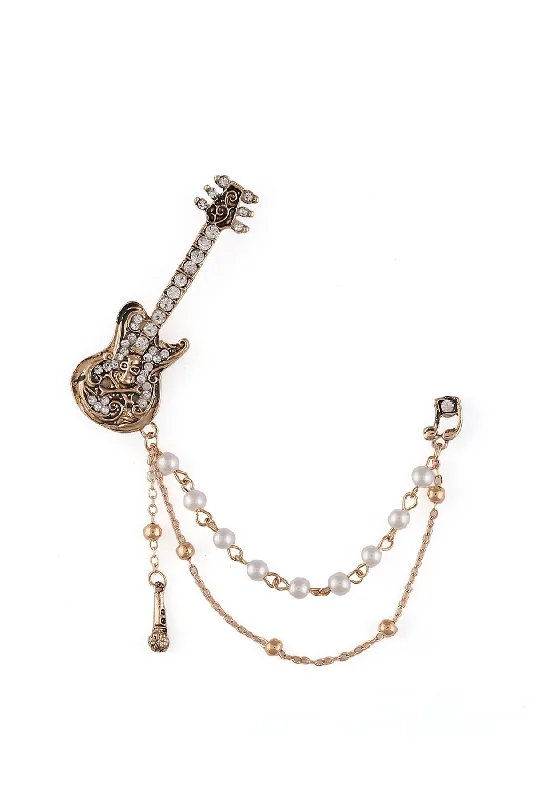 Simple Brooch with Crystal Inlay-Simple Brooch with Crystal Inlay-Classic Guitar Brooch with Pearl, Diamond & Chain for Music Lovers