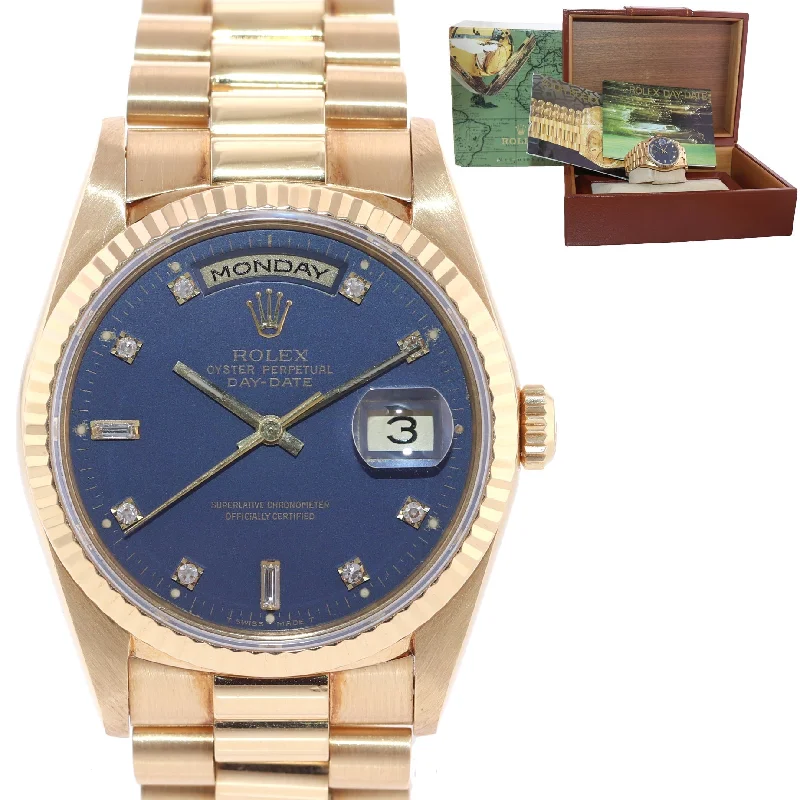 Designer Men’s Watches-Rolex President Blue Diamond Double Quick Yellow Gold Watch 18238 Box