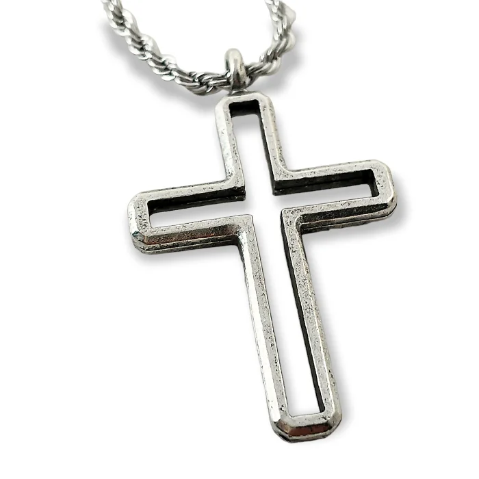 Unique Personalized Necklaces-Cross Antique Silver Metal Finish Pendant Twisted Rope Chain Necklace