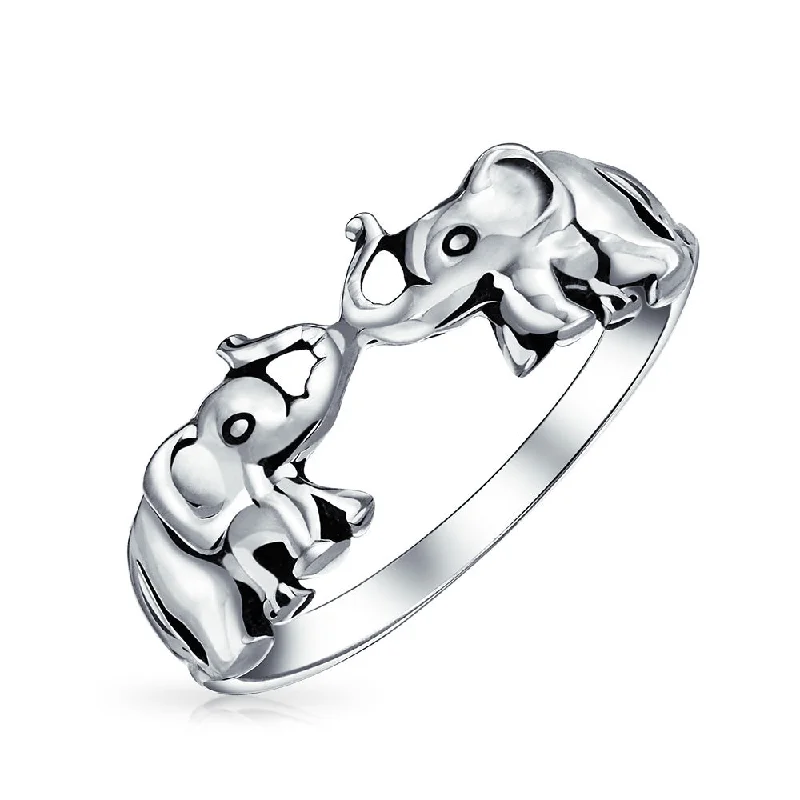 Custom Name Rings-Good Luck Trunk Up Elephant Silver Ring in Oxidized Sterling Silver