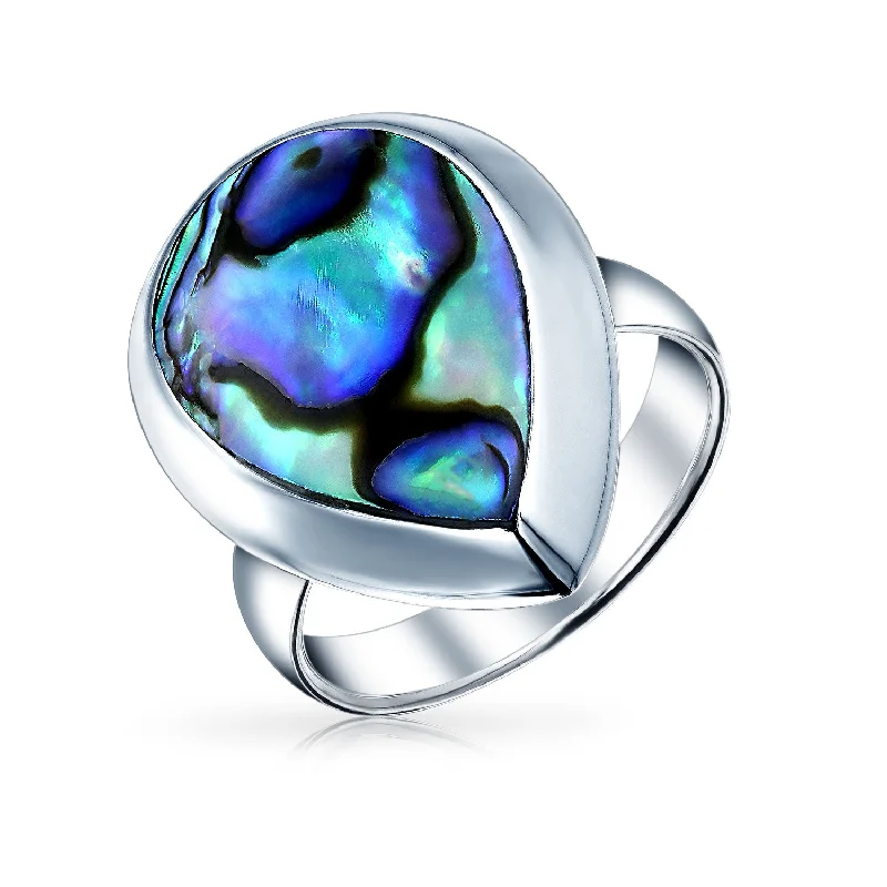 Fashion Rings for Women-Silver Ring with Teardrop Bezel Rainbow Shell Abalone Boho Fashion Statement