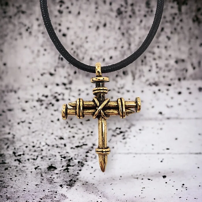 Elegant Emerald Necklaces-Pewter Nail Cross Necklace Gold