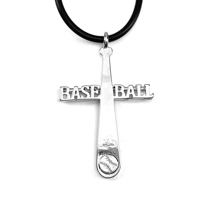 Classic Choker Necklaces-Baseball Rhodium Cross Bat Necklace Black Rubber