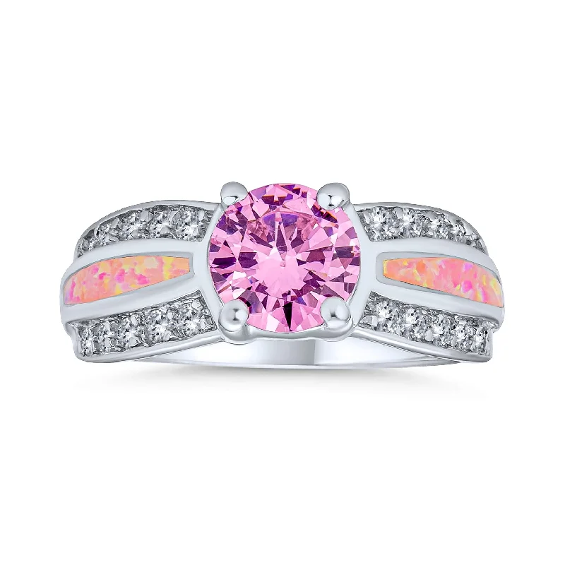 Yellow Diamond Rings-Unique Pink AAA CZ Round Solitaire Engagement Ring with Opal Inlay Band