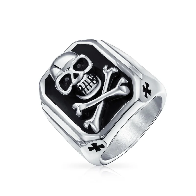 Custom Vintage Rings-Mens Stainless Steel Black Pirate Skull Crossbones Signet Ring Silver Tone