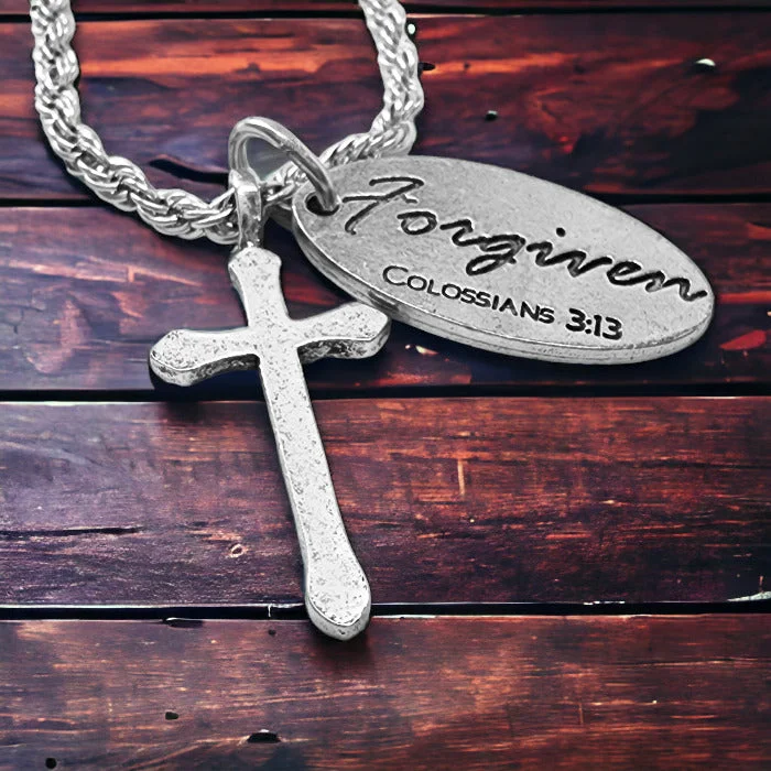 Long Pendant Necklaces-Cross Antique Silver Metal Finish Forgiven Tag Twisted Rope Chain Necklace