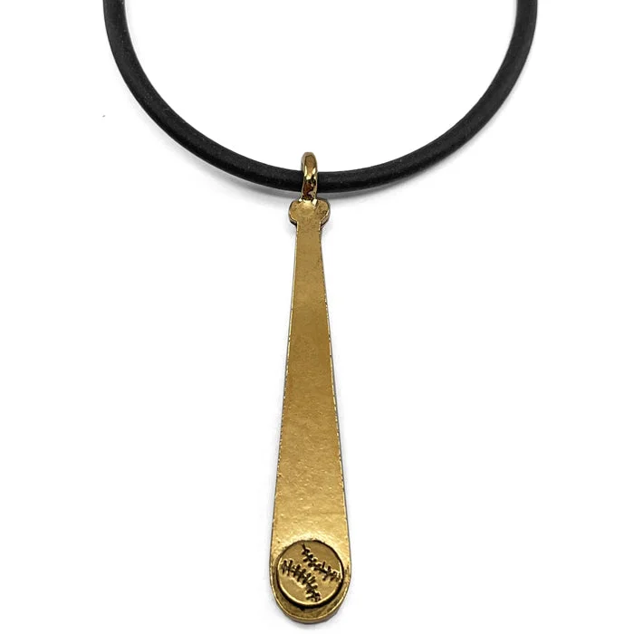 Romantic Necklaces for Couples-Baseball Softball Bat Necklace Gold On Black Rubber