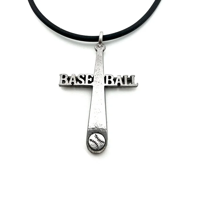 Modern Diamond Necklaces-Baseball Cross Silver Bat Necklace Black Rubber Cord