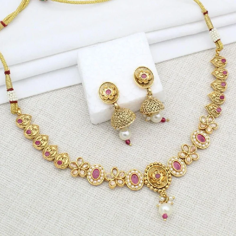 Gold Diamond Necklaces-Manisha Jewellery Gold Plated Crystal Stone And Pearl Necklace Set