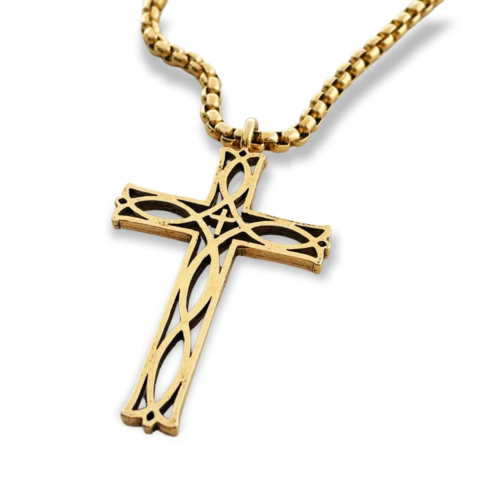 Gold-Plated Choker Necklaces-Cross Ichthus Fish Gold Metal Finish Pendant Gold Finish Heavy Chain Necklace