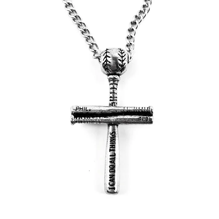 Long Diamond Necklaces-Baseball Bat And Ball Cross Small Necklace Antique 18 Inch Silver Chain