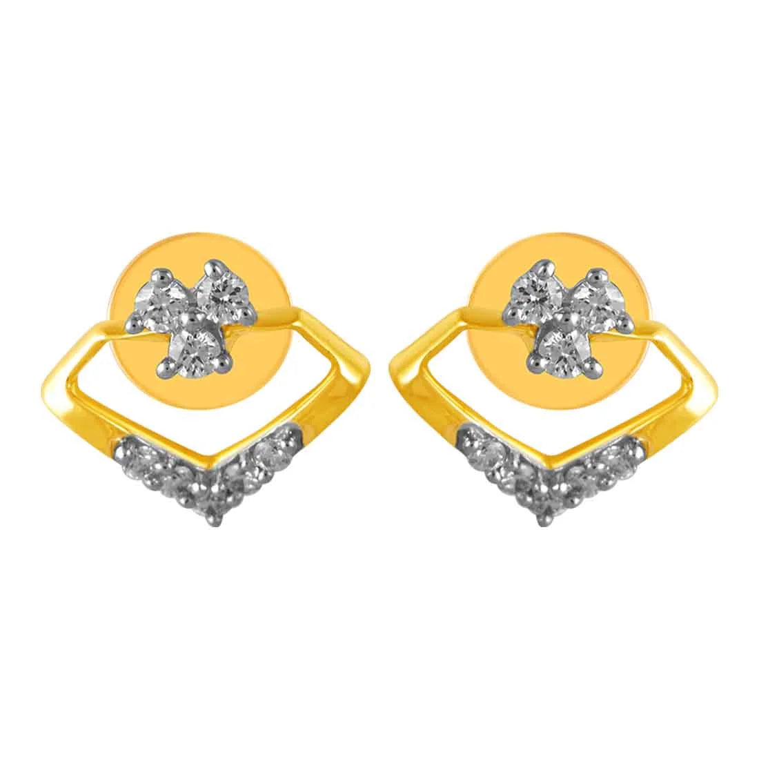 Vintage Silver Earrings-14KT (585) Yellow Gold & Diamond Unique Shaped Stud Earrings