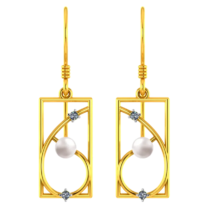 Glittery Earrings for Parties-22k Rectangular Gold Earrings With Unique Design And A Pearl