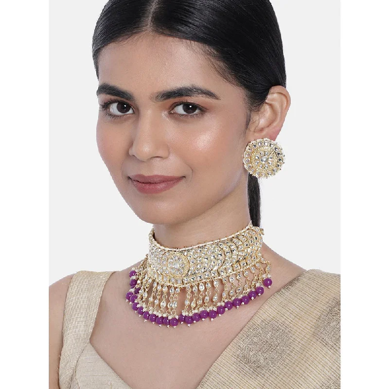 Pearls and Diamonds Necklaces-Etnico 18K Gold Plated Traditional Kundan & Pearl Studded Choker Necklace Set For Women/Girls (K7210Pu)