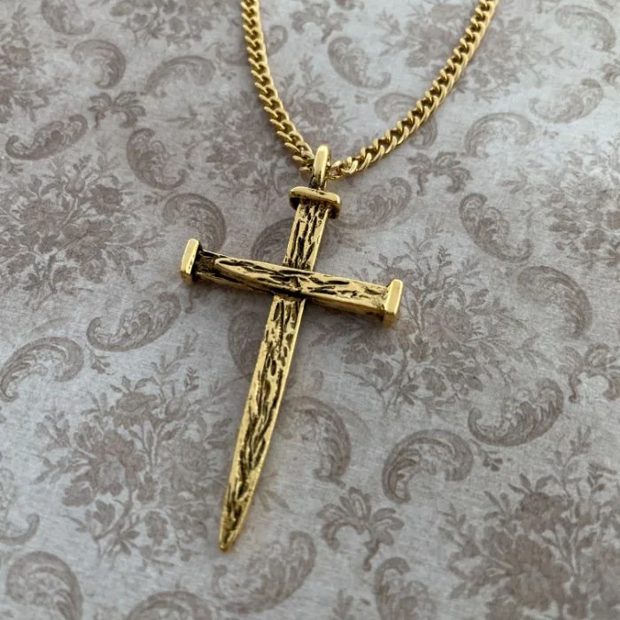 Zodiac Sign Necklaces-Nail Cross Large Rugged Gold Finish Curb Chain Necklace