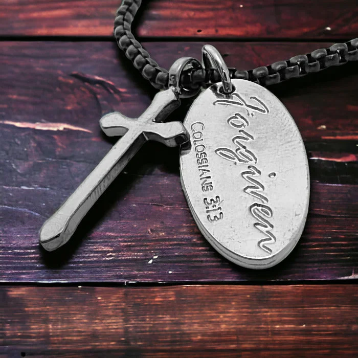 Heart Pendant Necklaces-Cross Dark Metal Finish Forgiven Tag Heavy Dark Box Chain Necklace