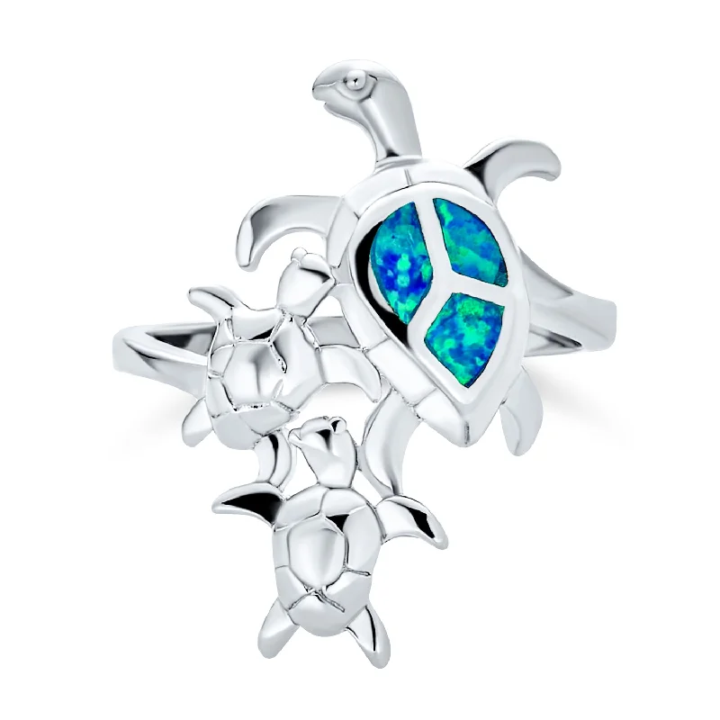 Birthstone Stackable Rings-Nautical Tropical Blue Opal Turtle Family Trio Ring Sterling Silver Ring