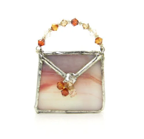 Vintage Brooch with Crystal Accents-Vintage Brooch with Crystal Accents-Stained Glass Purse Brooch in White, Mauve & Orange